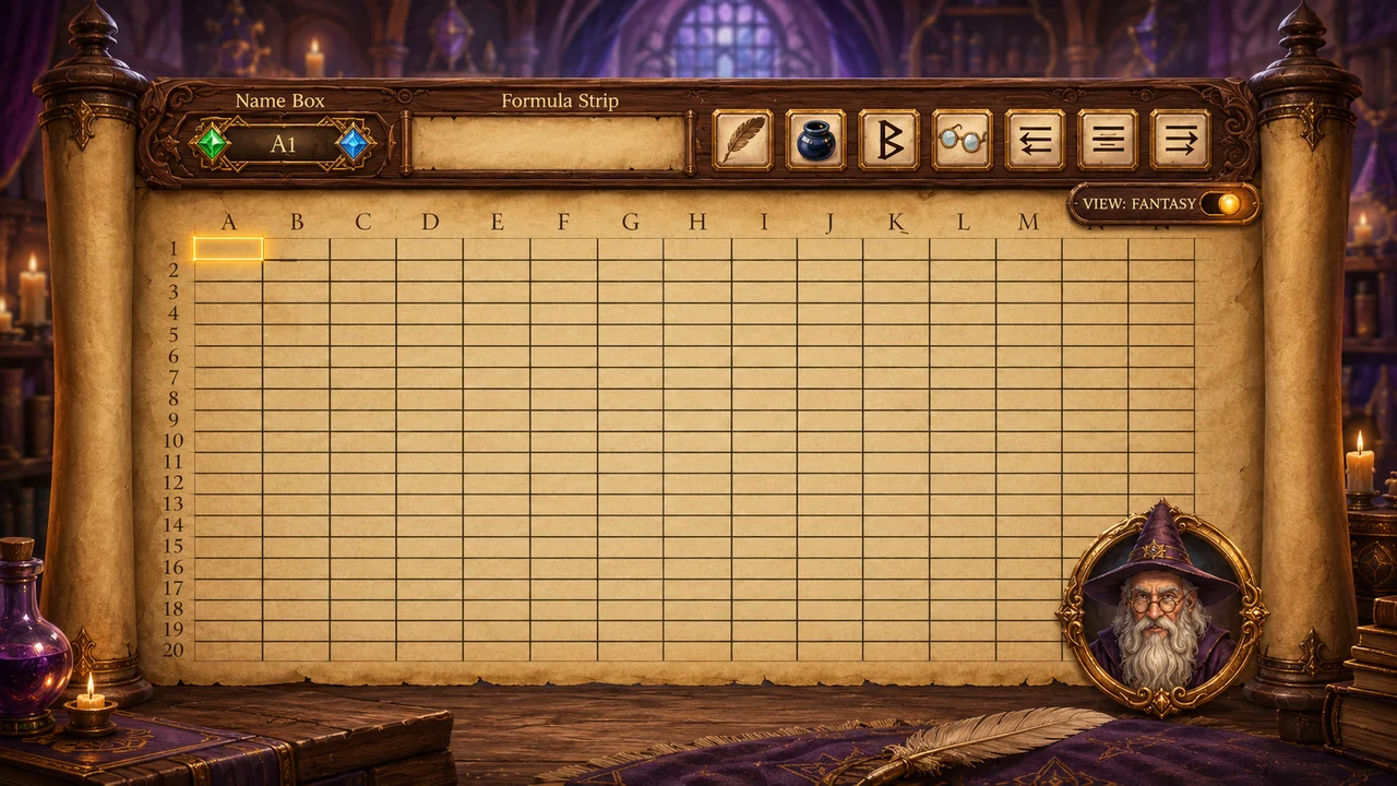 XCELWIZARD Fantasy View — the spreadsheet as an enchanted parchment scroll in Wizzy's chamber