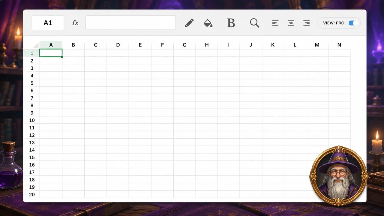 XCELWIZARD Pro View — the same grid rendered as a clean modern spreadsheet